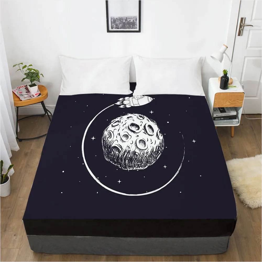 1 PCS 3D Printed Rocket Astronaut Soft Fitted sheet With Elastic Band solid Bed Sheet Cover-Wrinkle Abrasion Resistant Sheets