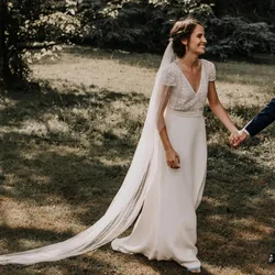 Personalizado boho chiffon sem costas vestido de casamento simples branco boêmio manga curta uma linha praia vestidos de noiva novia