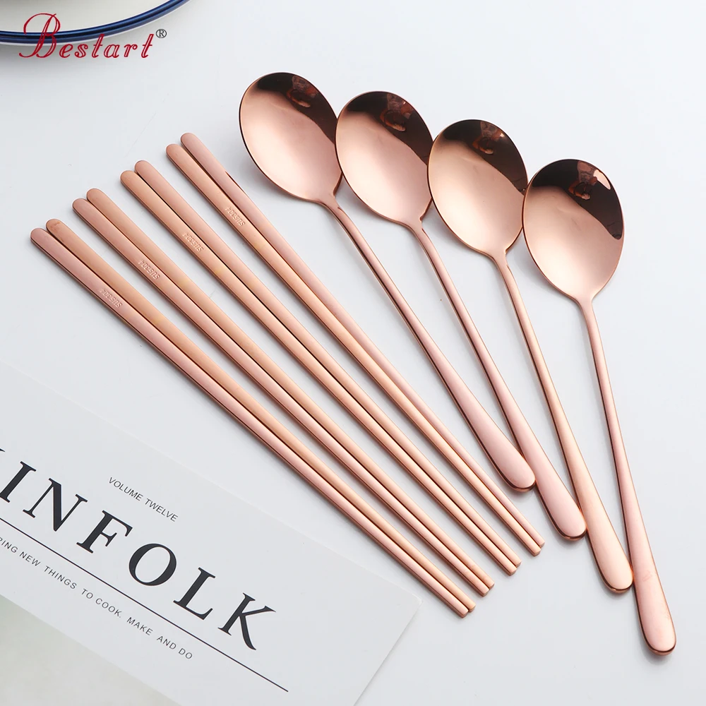 Gold 18/10 Korean Stainless Steel Food Chopsticks Spoon Set Long Handle Flat Non-slip Chopsticks Dessert Spoons Dinnerware Set