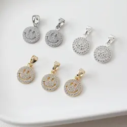 2PCS 14mm Smiling Face Pendant Necklace Brass with Zircon Charms for Jewelry Making DIY Handmade Gold Plated Accessories