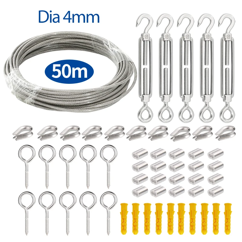 SGYM 56PCS/Set 50 Meter Steel PVC Coated Flexible Wire Rope Soft Cable Transparent Stainless Steel Clothesline Diameter 4mm Kit