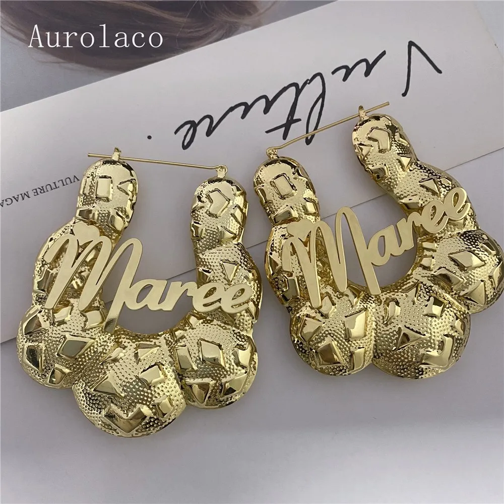 

AurolaCo 60MM Custom New Style Bamboo Earrings Stainless Steel Custom Name Earring Custom Hip hop Bamboo Earring for Women Gift