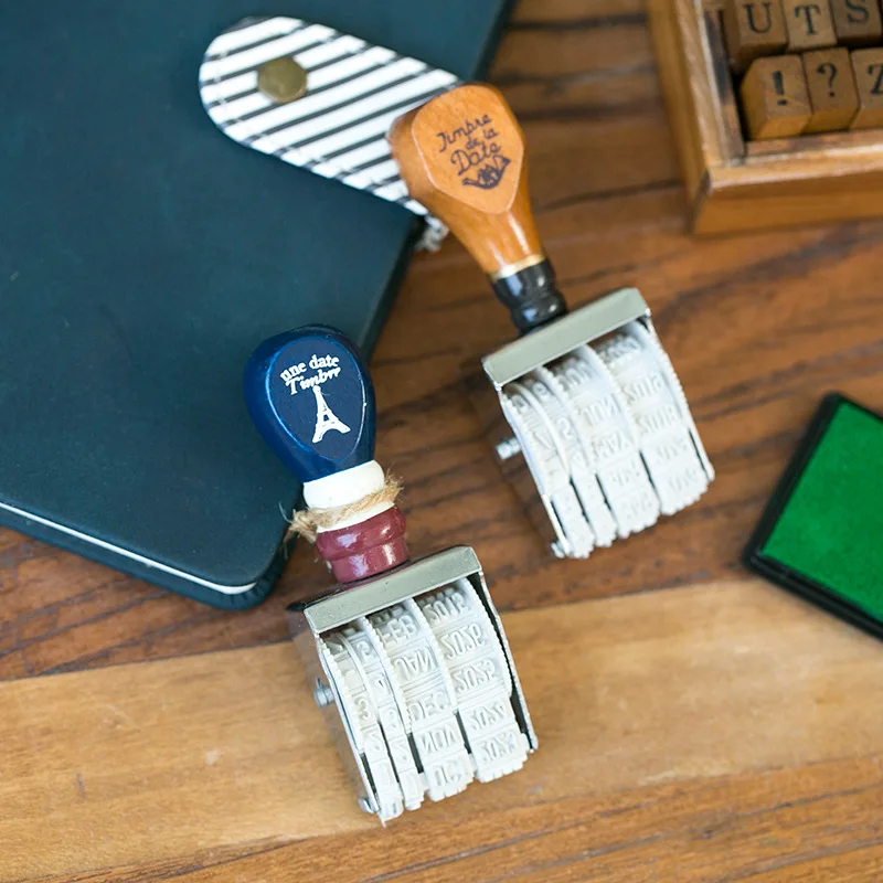 Popular Zakka Retro Wooden Handle Date Stamp Roller Stamp 2 POptional
