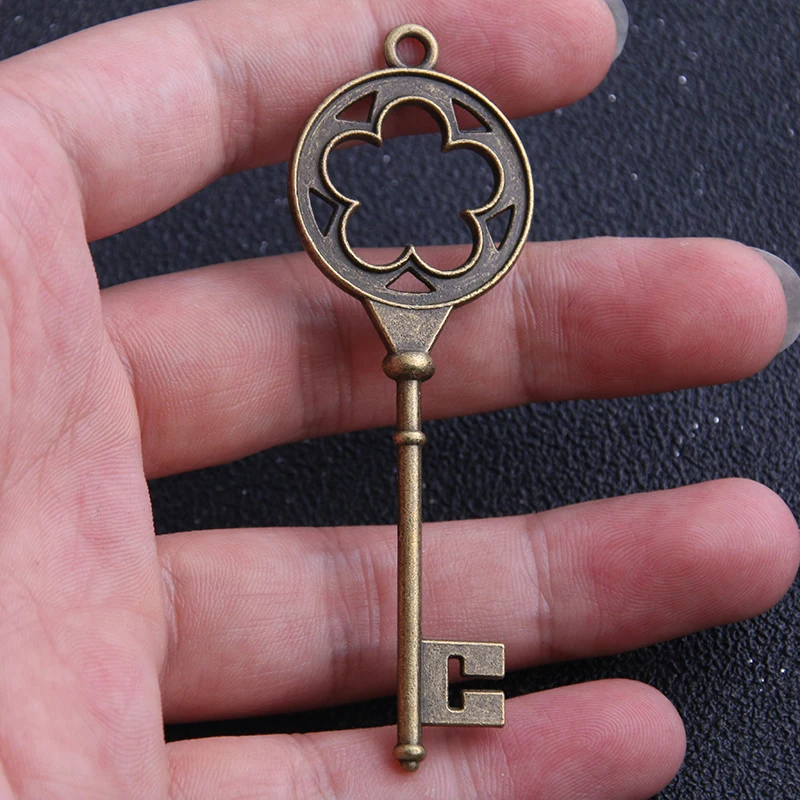 3pcs 25*76mm Vintage Lovely Flower Large Keys Pendant Jewelry Findings Vintage Bronze Key Charms