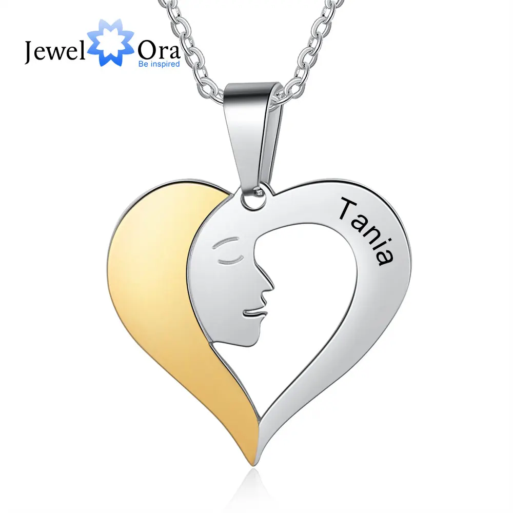 JewelOra Designer Personalized Engraved Name Sister Necklace Steel & Gold Mixed Color Heart Pendant Jewelry Gift for My Sisters