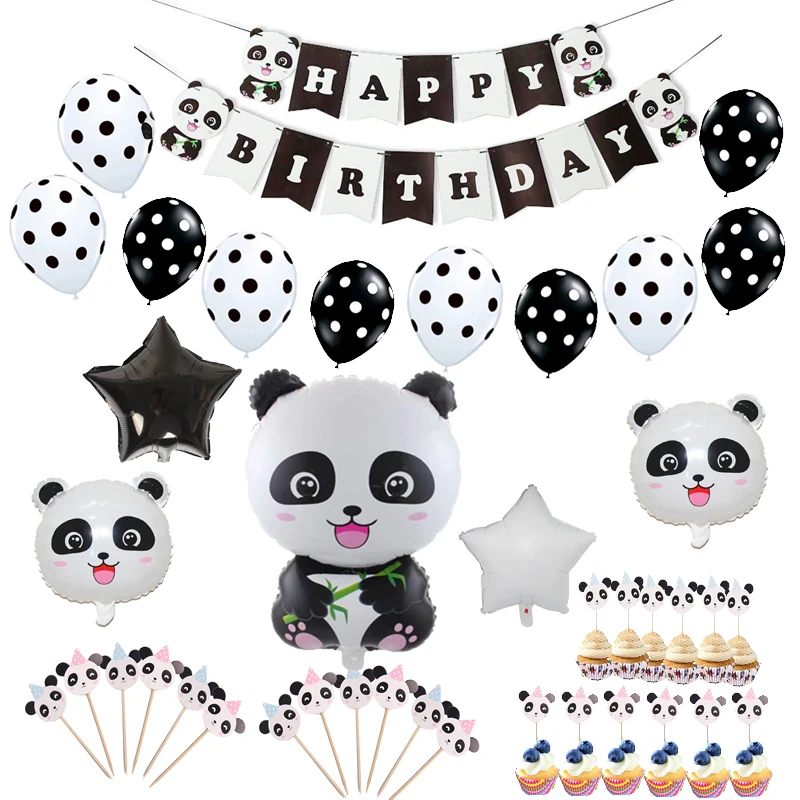 Panda Birthday Party Decorations Kids Panda Star Foil Balloons Baby Shower Happy Birthday Banner Panda Cupcake Toppers