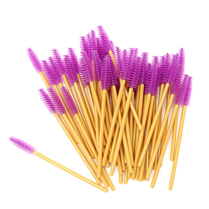 New Arrived 200pcs Golden Handle Yellow Brushes Nylon Disposable Mascara Wands Lashes Makeup Brushes Eyelash Extension