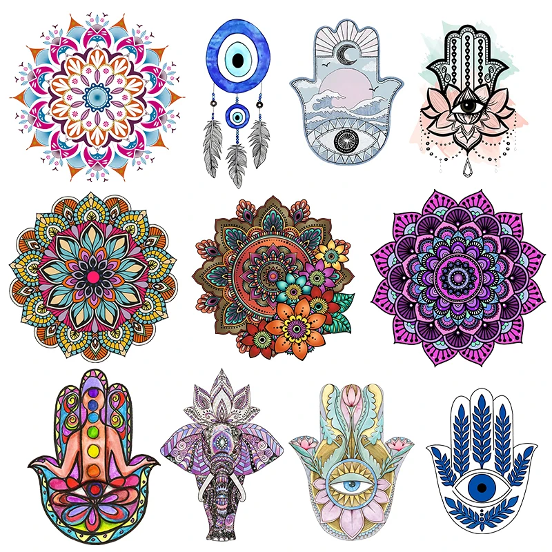 Iron on Patches Hand of Fatima Mandala Flowers Stripes Thermo Stickers on Clothes Heat Transfer Fusible Sticker Custom Patch