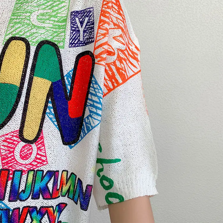 Camisetas holgadas de punto de buena calidad para mujer, blusa de verano con estampado de letras coloridas, blusas Maxi para mujer, camisetas, Tops para mujer NZ109