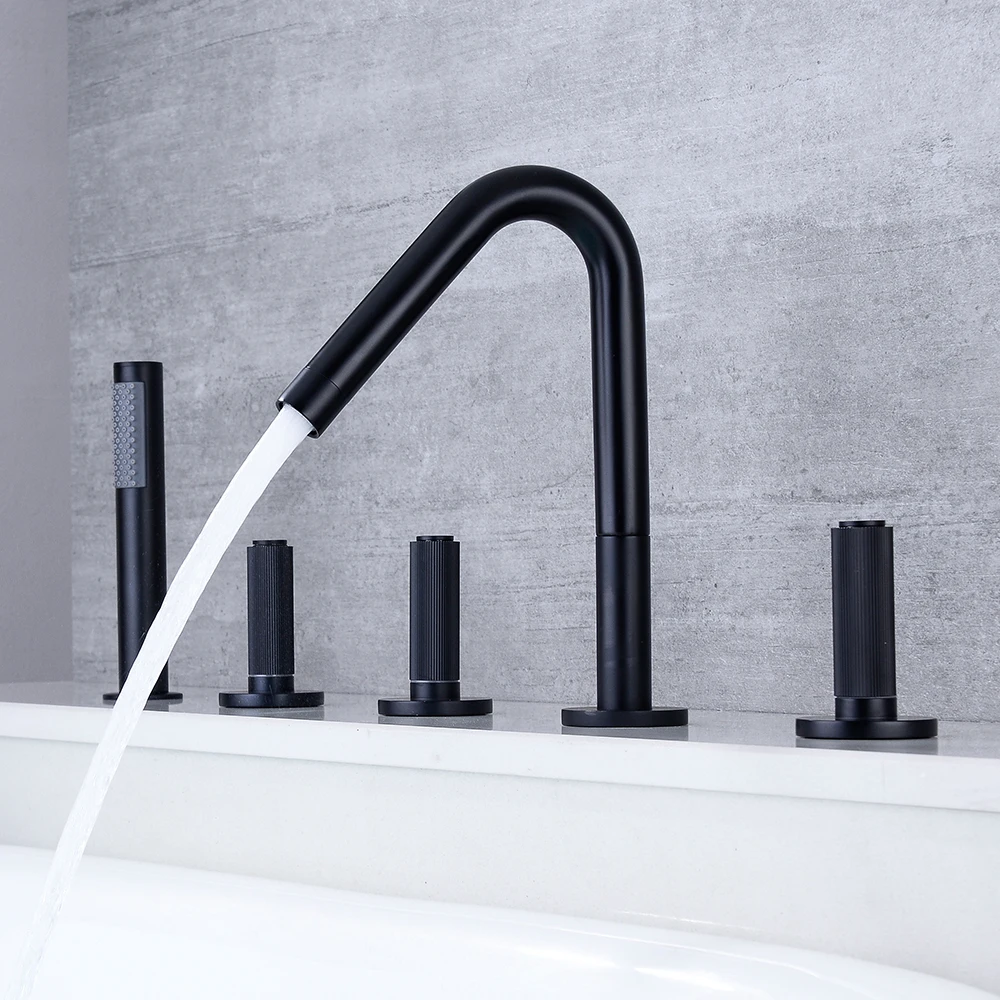 SKOWLL Bathtub Faucet with Hand-Held Shower Sprayer Bathroom Mixer Tap Deck Mounted Roman Tub 5 Piece Set Black WW-1205