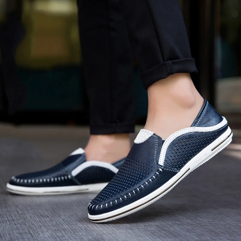 

Genuine Leather Shoes Men Sandals Nice Summer Casual Holes Shoes Slip-on Flat Cow Leather Male Loafers Shoes Black White A1295