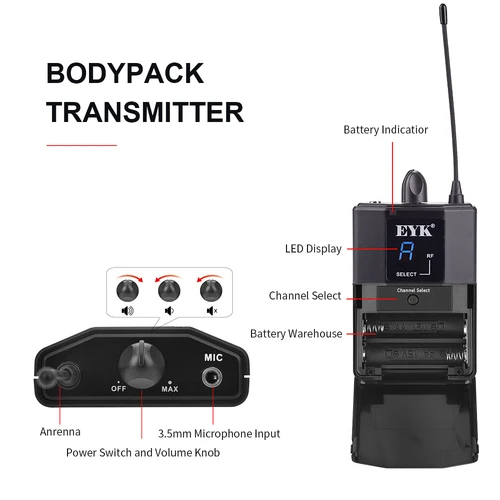 Imagen 2 del producto Receptor Bodypack para sistema de monitoreo de escenario inalámbrico UHF profesional EYK IEM81 IEM82 con auriculares intrauditivos