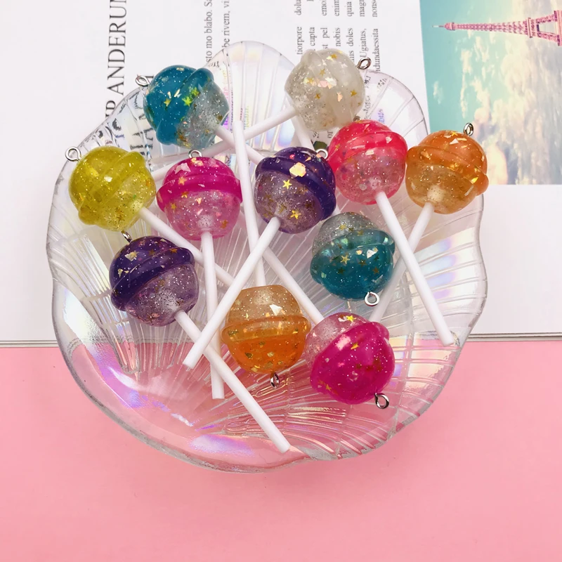 10pcs Kawaii Hot Selling Cute Miniature Glitter Star Lollipop Charm for Earring Keychain Jewelry Accessory DIY Making