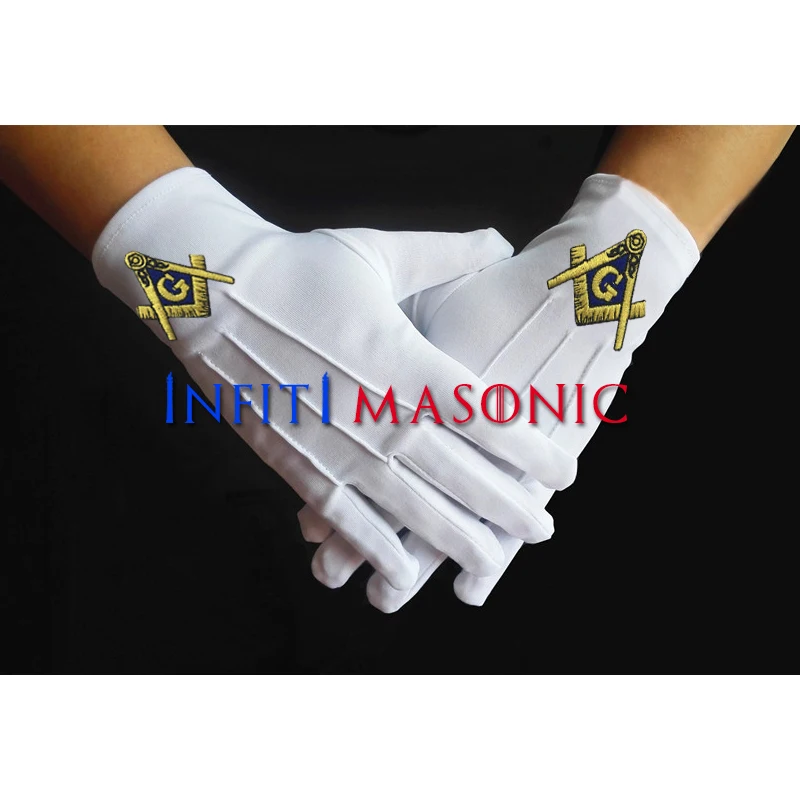 Pack of 10 Masonic polyester white gloves embroidered logo