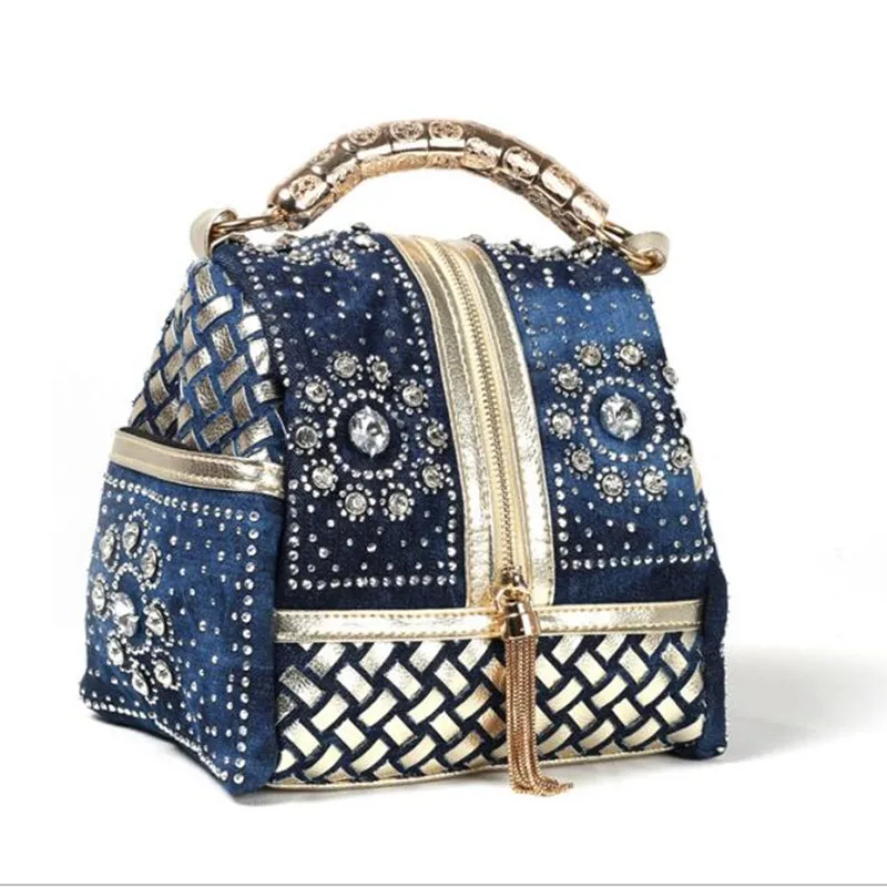 New style denim woven women\'s bag with diamonds tassels single-shoulder oblique back large rhinestones with diamonds small bag