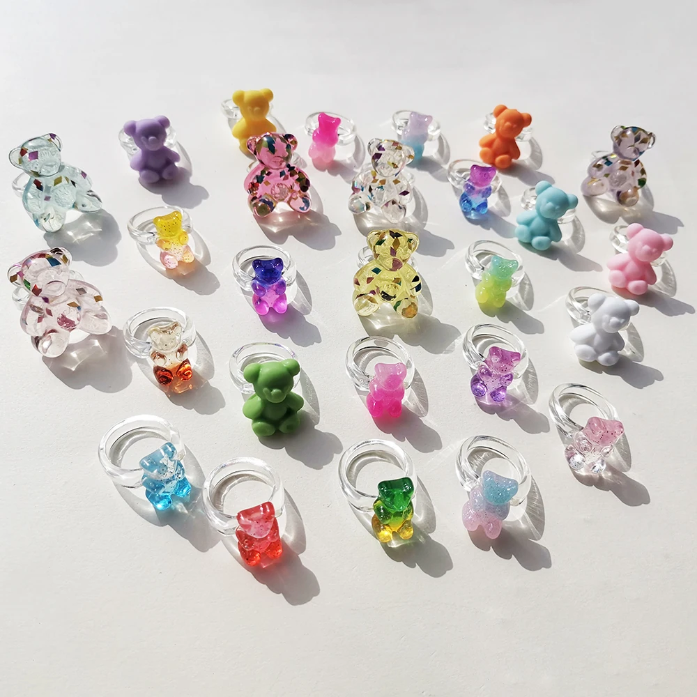 Lost Lady Cute Transparent Resin Bear Rings for Women Stylish Candy Color Acrylic Aesthatic Rings Wholesale Jewelry 2021 New INS