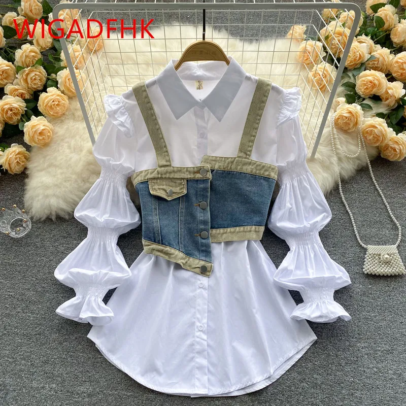 Western Style Irregularly-breasted Denim Straps Loose Lapels Mid-length White Shirts Fashionable Two-piece Women's Clothing