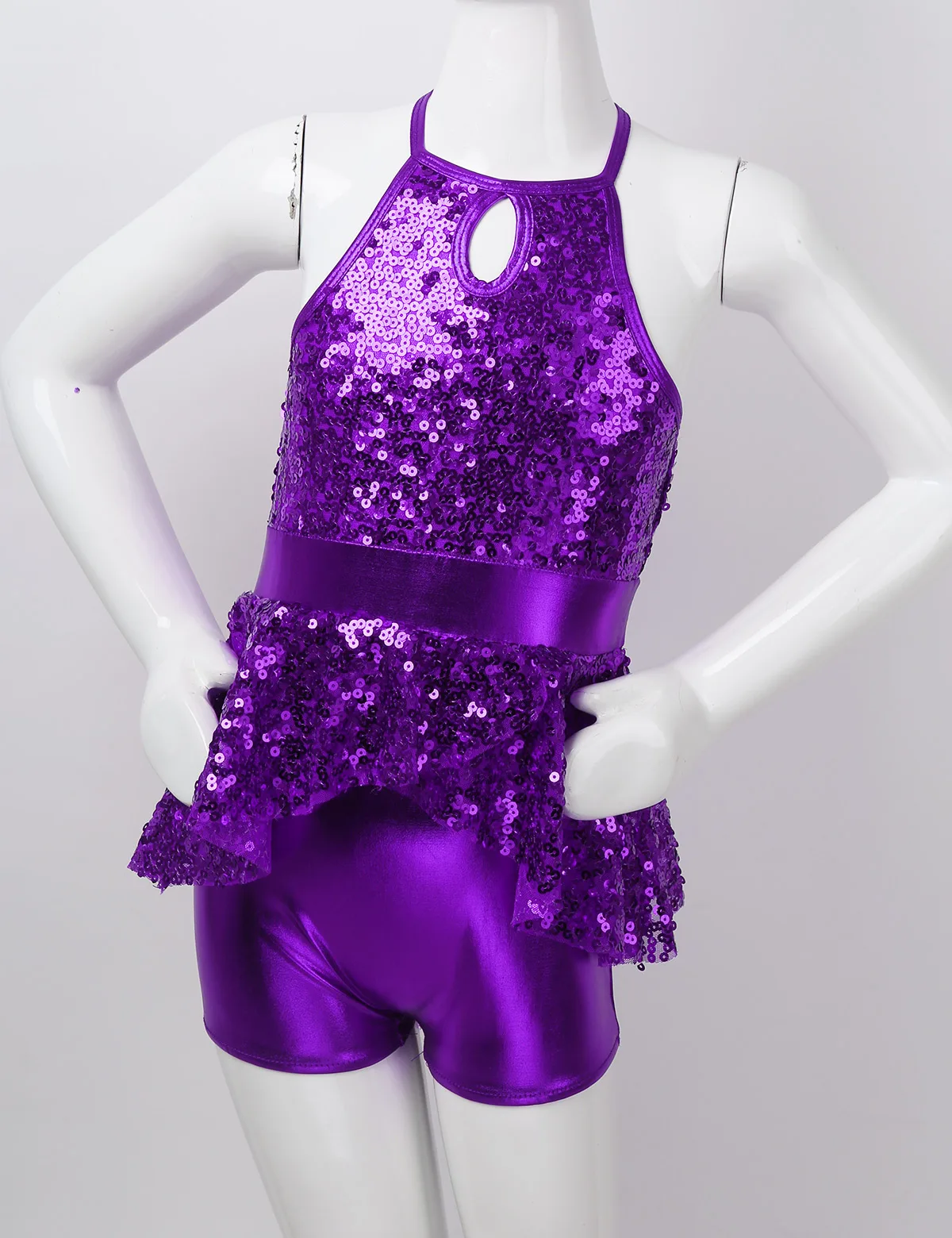 Kids Girls Sequins Caged Back Ballet Dance Costume Shorty Unitard Dress for Jazz Lyrical Contemporary Figure Skating Dance Wear