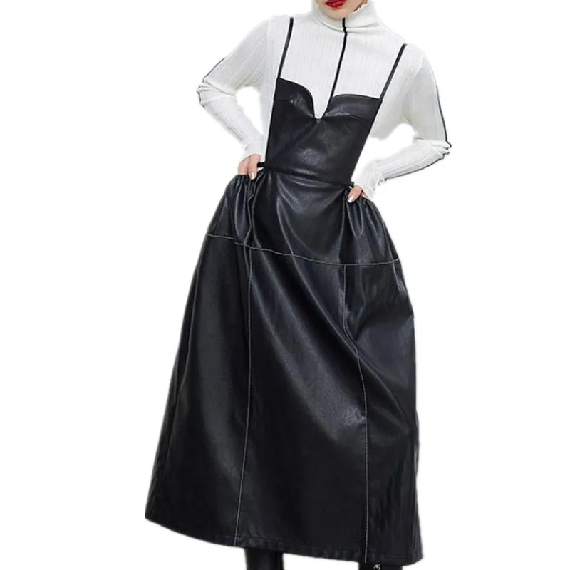 

New reteo 2023 Spring pu leather spaghetti strap dress women high waist slim a-line dress