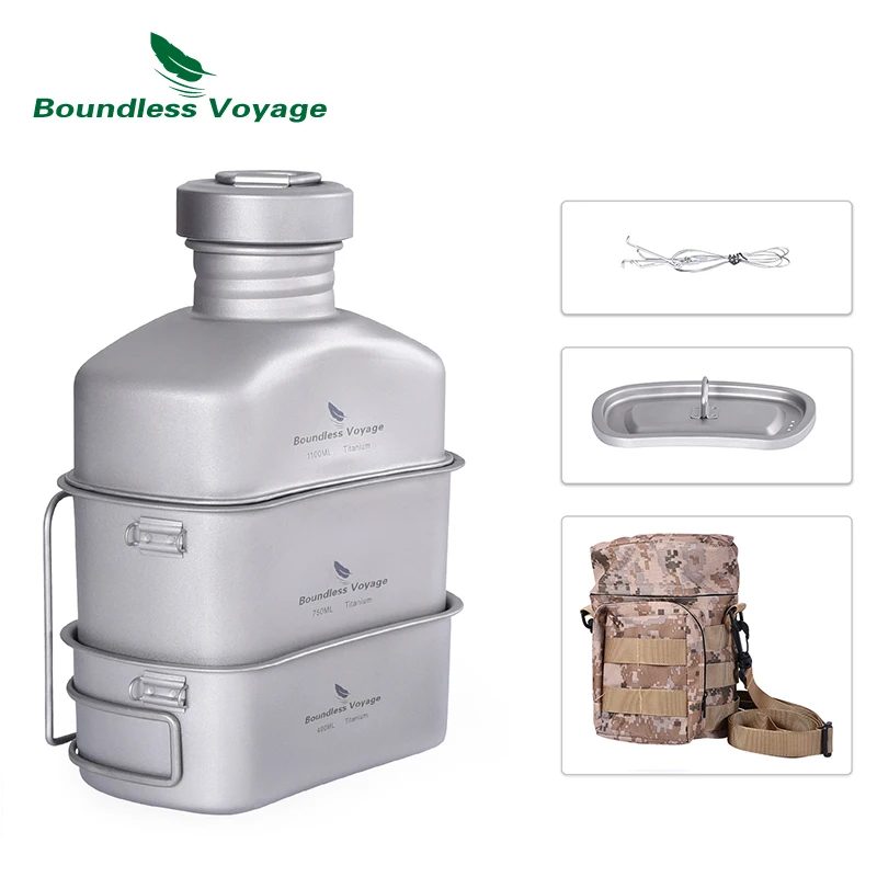 Boundless Voyage Titanium Military Canteen with Camouflage Bags Kidney-Shaped Camping Pot Pan Set with Lid & Hanging Chain