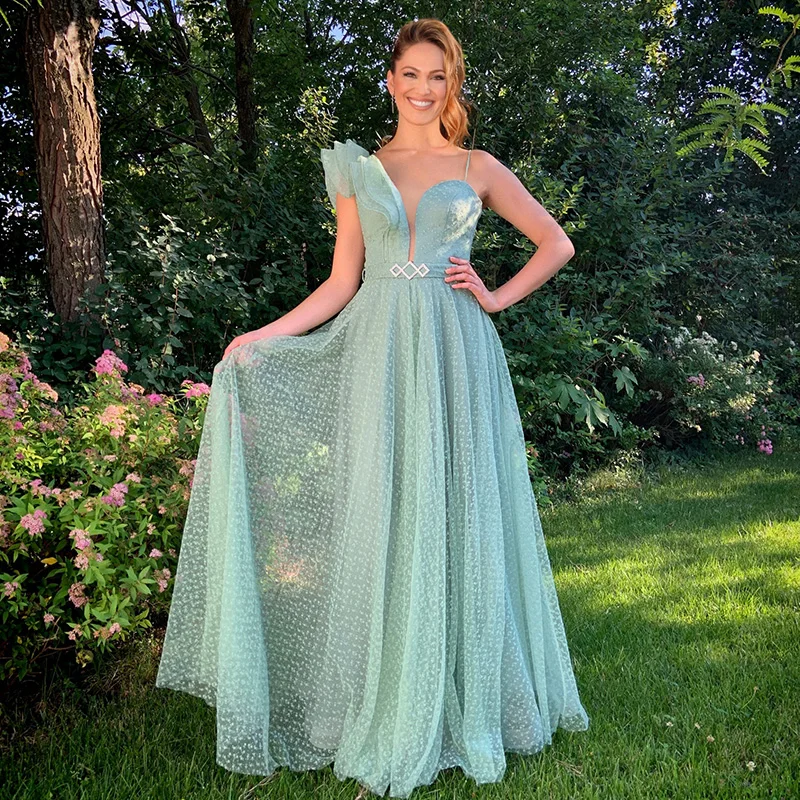 

Green Polka Dot Long Prom Dresses Pleats V-Neck Sleeveless A Line Evening Dress 2022 Formal Wedding Party Dress