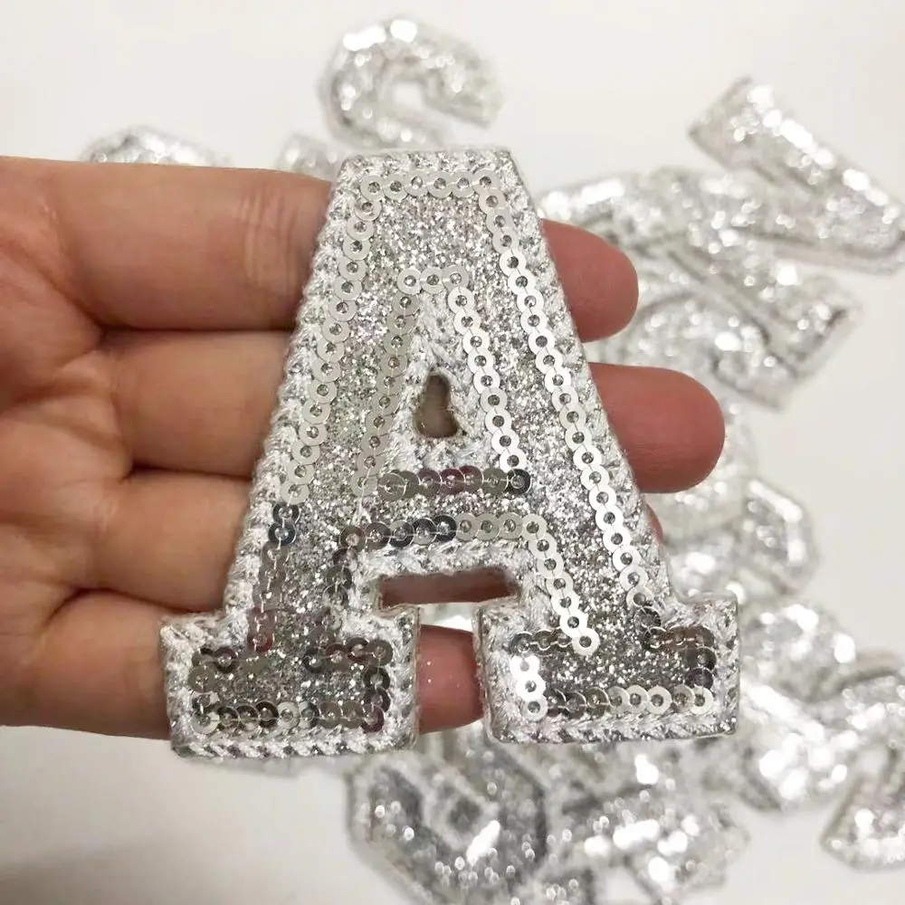 Silver Sequins Alphabet Letter Patch For Clothes Sew On Garment Accessories Embroidered Applique Decoration Repair Patches