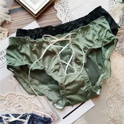 Lace Sexy Temptation Retro Color Ladies Perspective Ice Silk Tulle Wrapped Hip Low-waist Women's Briefs New Solid Color Hollow