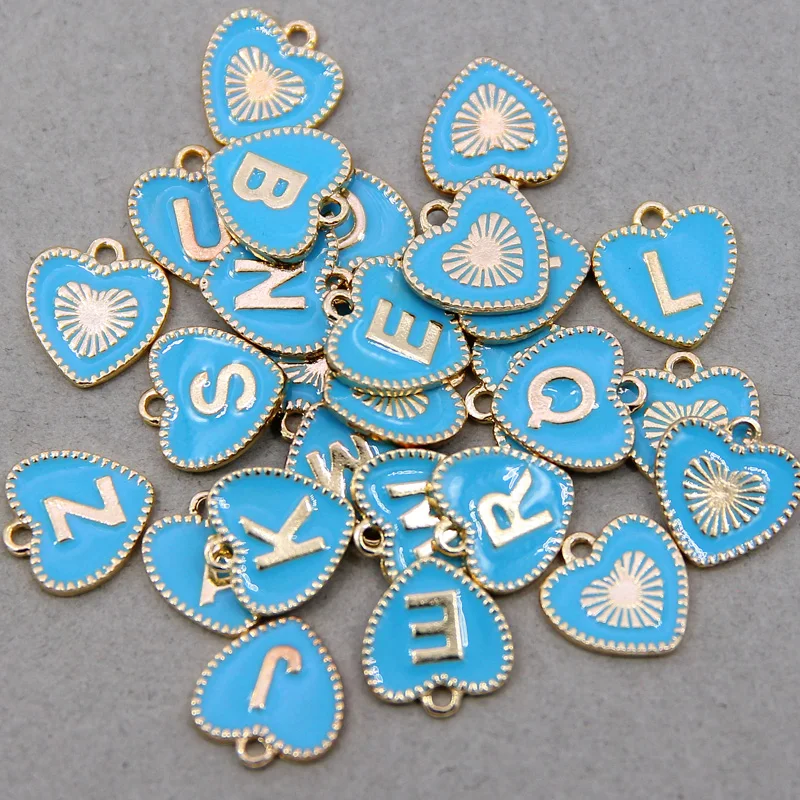 10/26pcs Heart shape 15*15mm A-Z Letter Charms Blue Enamel Alphabet Initial Letter Handmade Pendant For Diy Bracelet Jewelry Mak