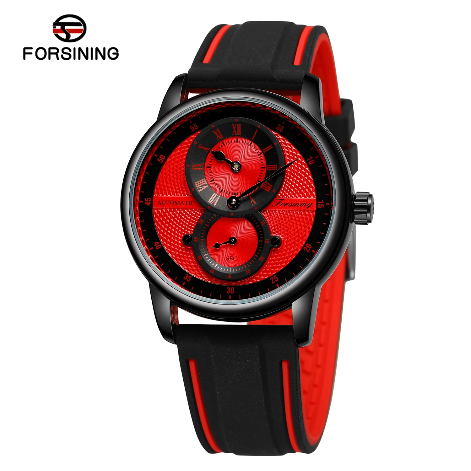 

Forsining Double Eyes Three Needles Casual Sports Red Men's Automatic Mechanical Watch with Silicone Strap