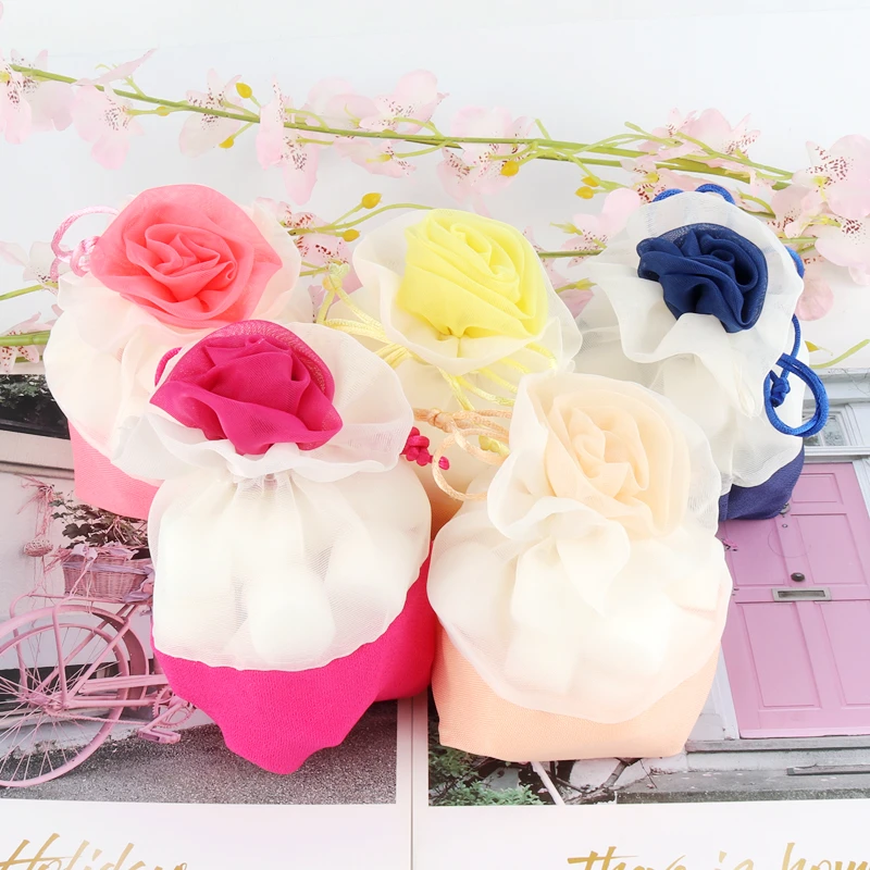 4pcs 15*14cm Flower Gift Bag Polyester Wedding Candy Drawstring Bags Multi-Color 0ptional Yarn Bag