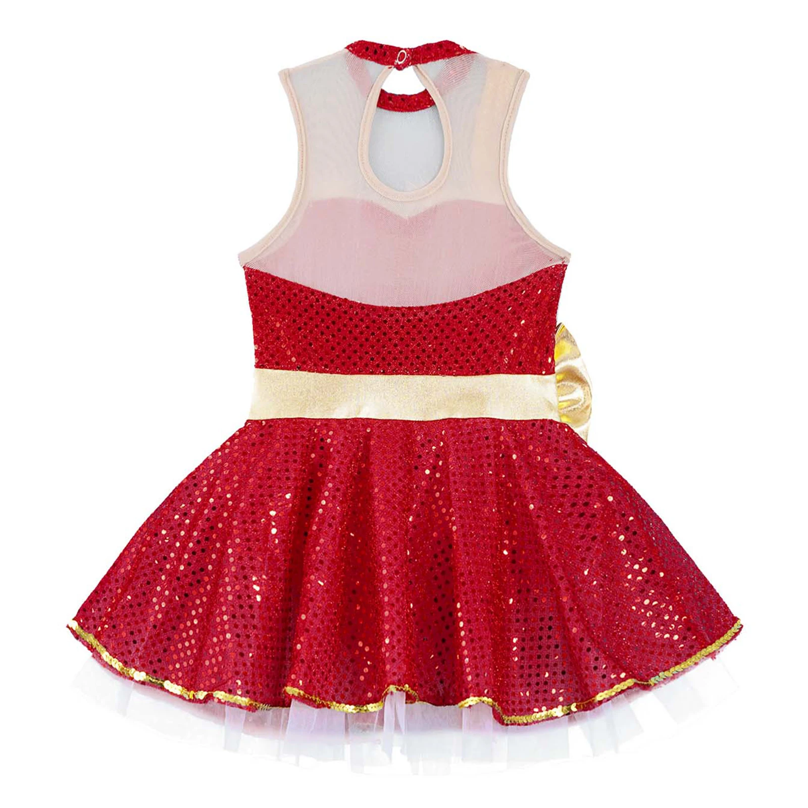 Kids Girls Shiny Sequins Ballet Tutu Mesh Dress with Bowknot Figure Ice Skating Dress Princess Christmas Festival Dance Costume