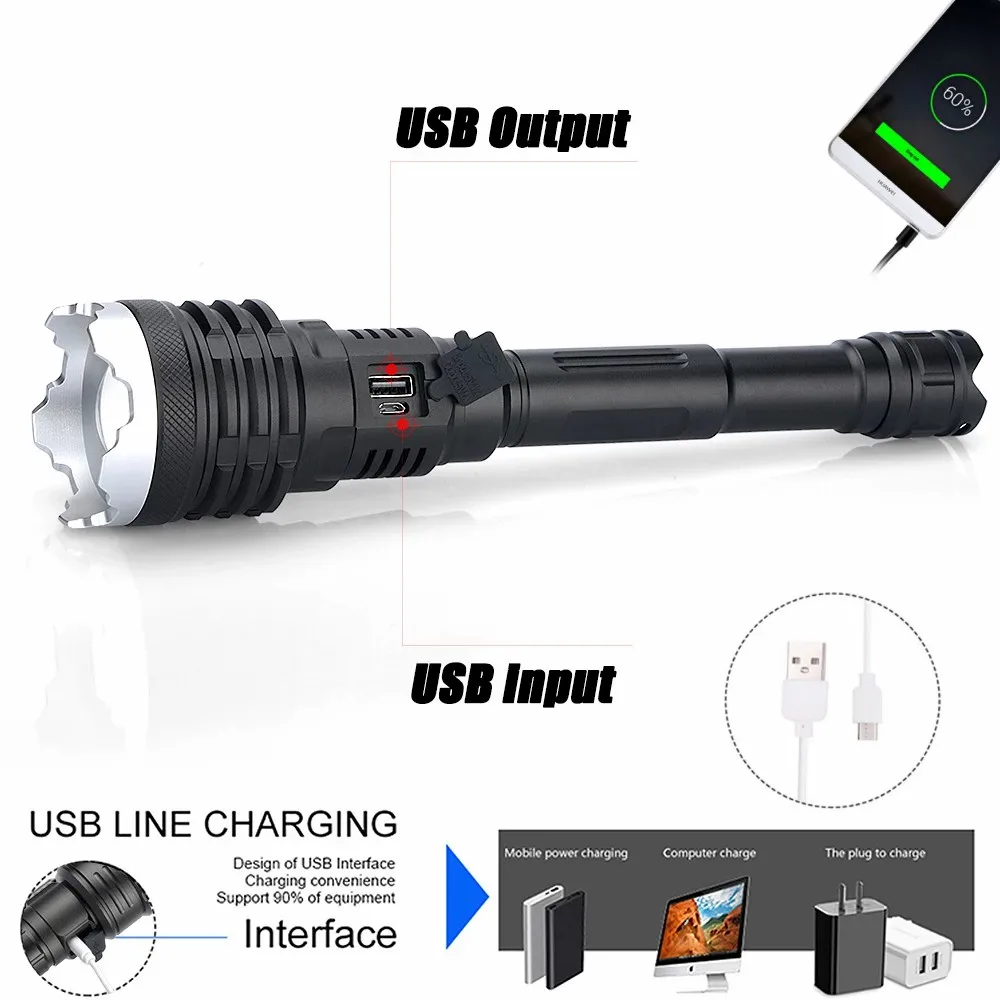 D2 LED XHP160 16-Core Powerful Flashlight Torch XHP70 USB Rechargeable Newest Tactical Hunting Flashlight Flash Light Zoomable