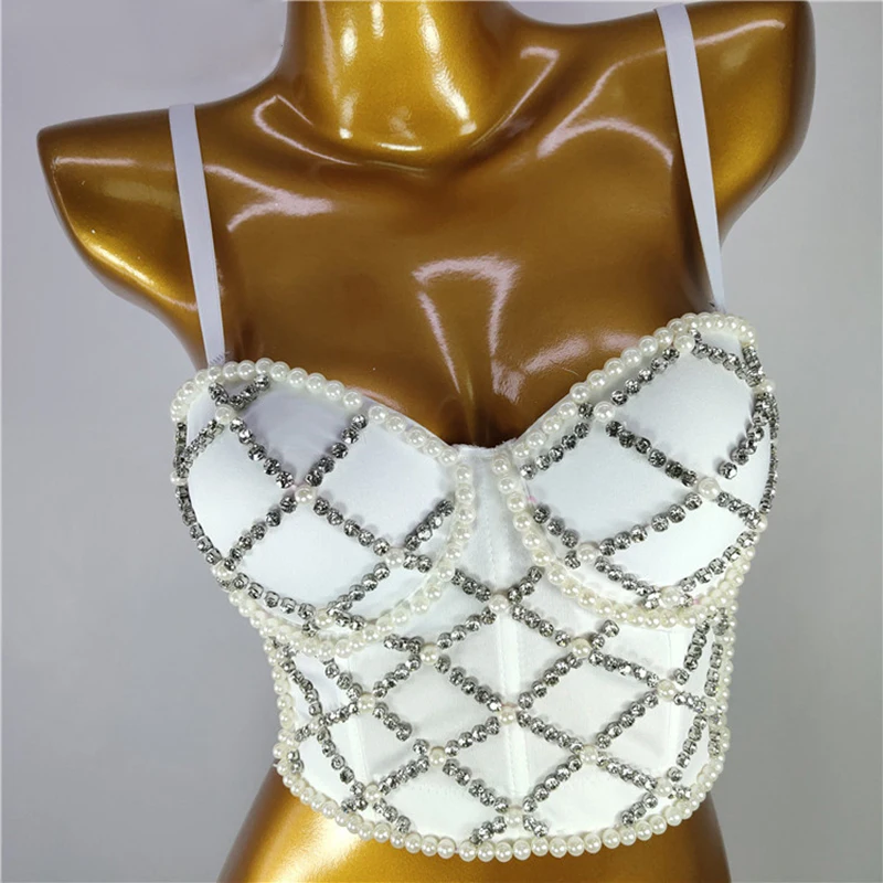 

Cupnaya Sparkle Pearls Diamante Decor Women Sexy Crop Top Removeable Spaghatti Strap Ladies Bralette Club Dance Camisoles