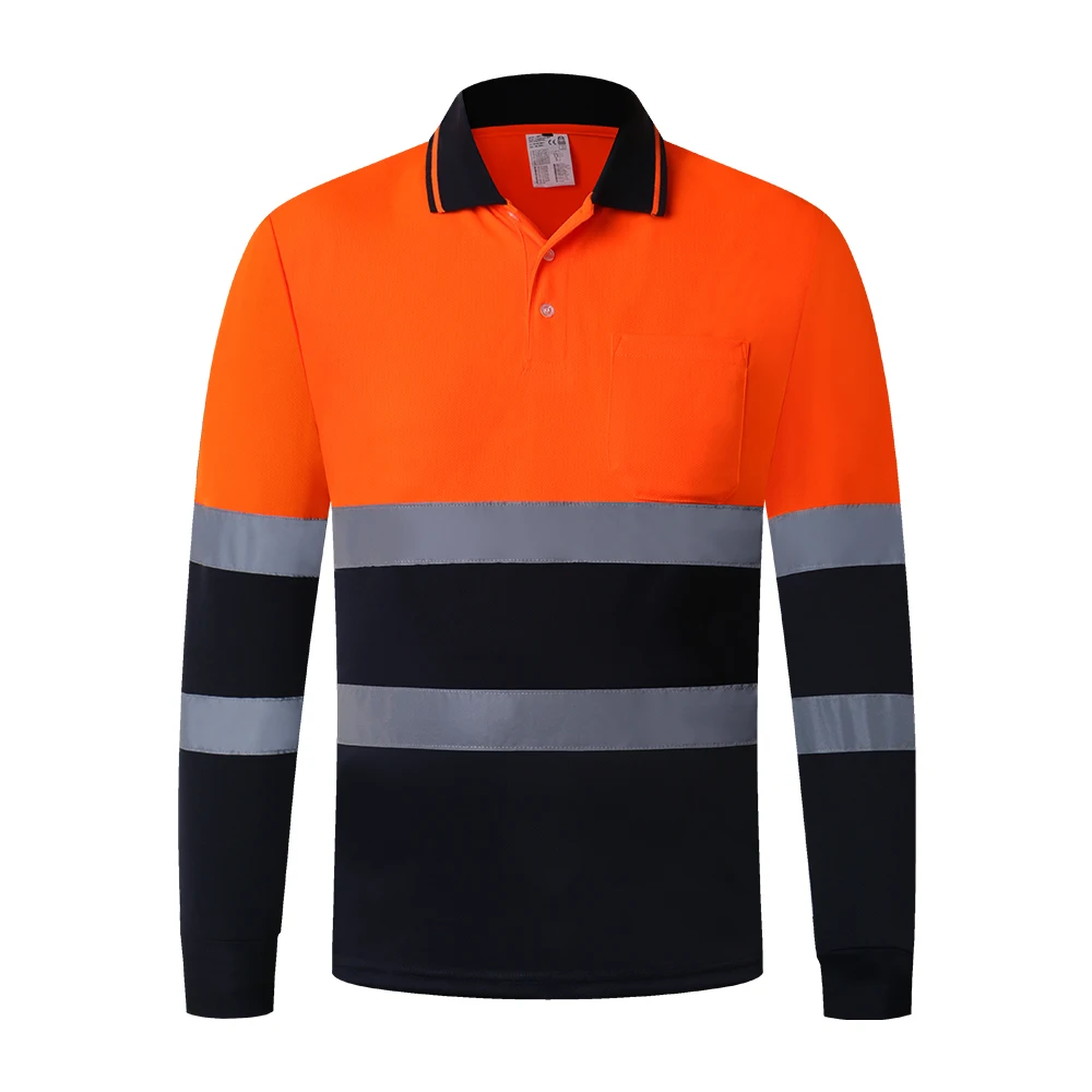 Reflective Safety Long Sleeve ANSI Class 1 Polo Shirt Hi Vis Workwear Two Tone Shirt Men Outdoor Work Clothes