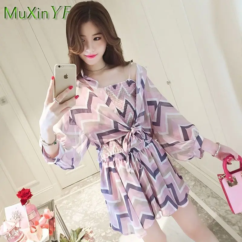 2024 Summer New Chiffon Top Shorts Three-piece Suit Korean Fashion Elegant Blouse Pants Set Female Casual Trousers