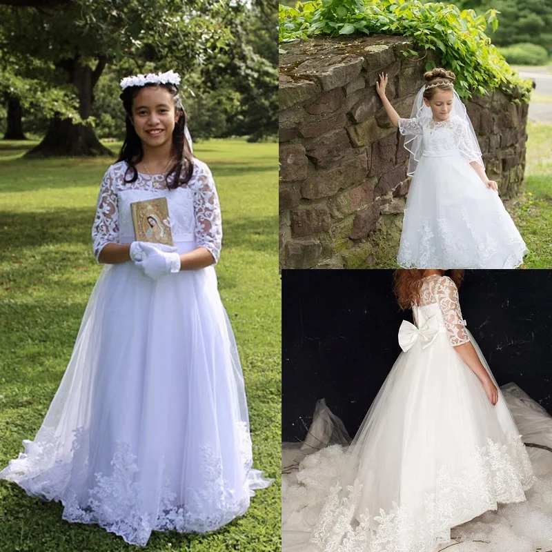 Formal branco primeiro comunhão vestido para meninas meia manga vestidos da menina de flor para o casamento rendas festa de aniversário vestido de princesa