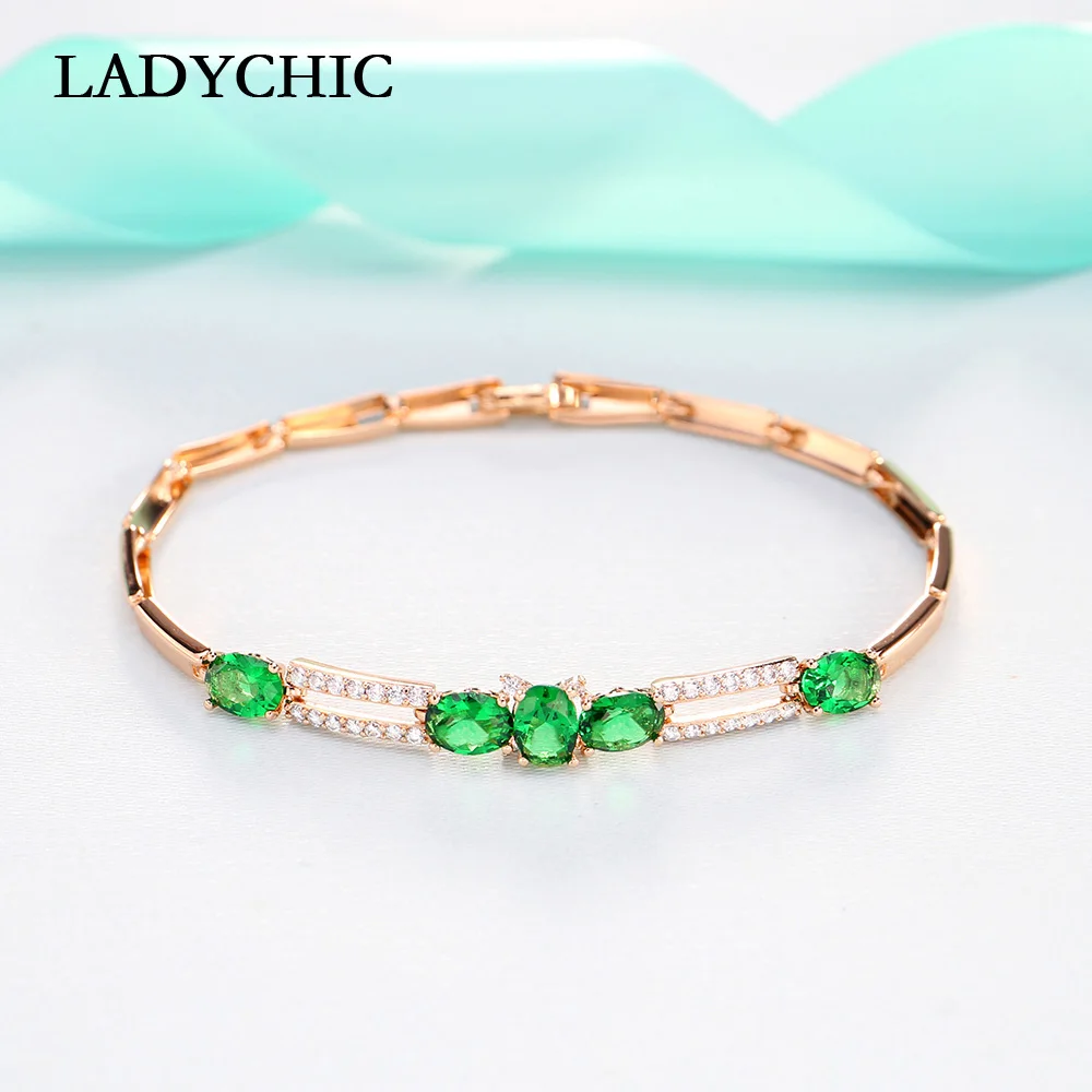 

Красивый браслет LADYCHIC с зелеными кристаллами для женщин, модные блестящие кубические циркониевые золотые браслеты, высокое качество, ювелирные изделия LB1019