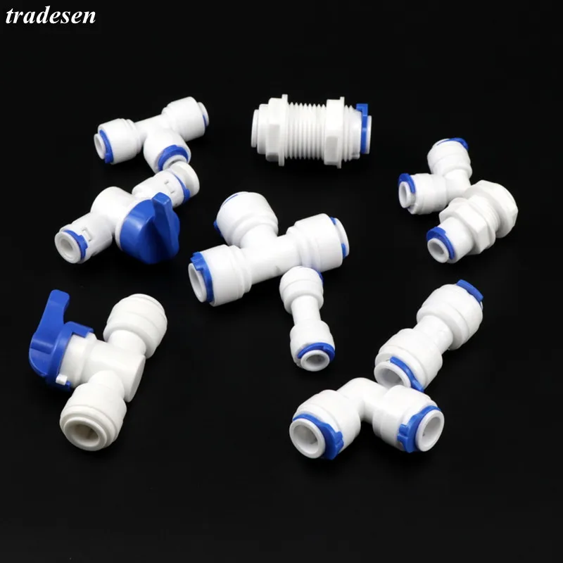 

5Pcs Reverse Osmosis Quick Coupling 1/4 3/8 Hose Connector Tee 2 Way Equal Elbow Straight RO Water Plastic Pipe Fitting