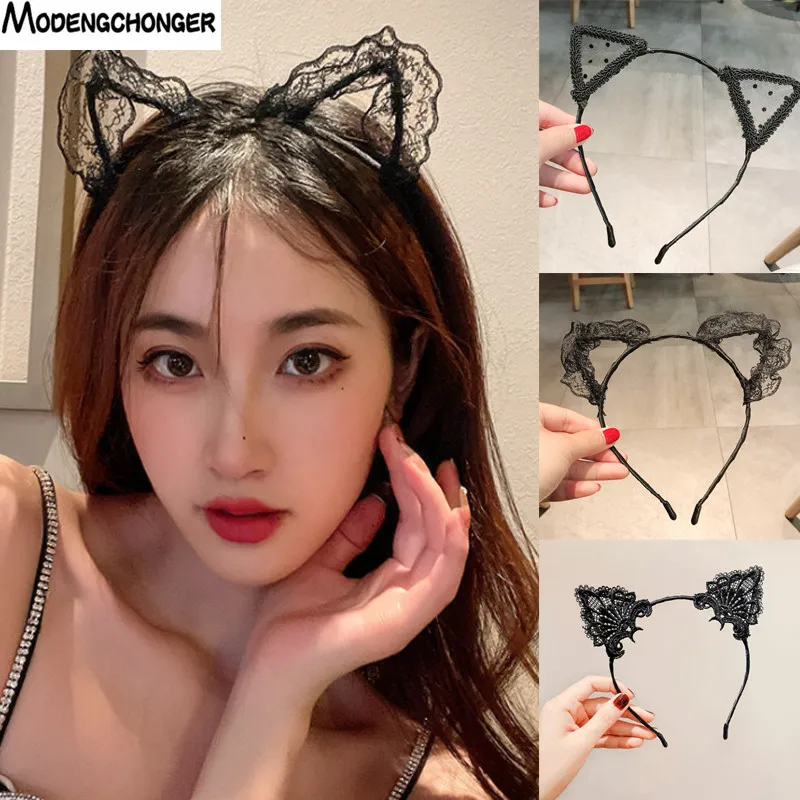 Fashion Cute Mesh Lace Dot Cat Ear Hairbands Simple Solid Ribbon Bow Fox Ears Hair Bands for Women Girls Headwear Accessories