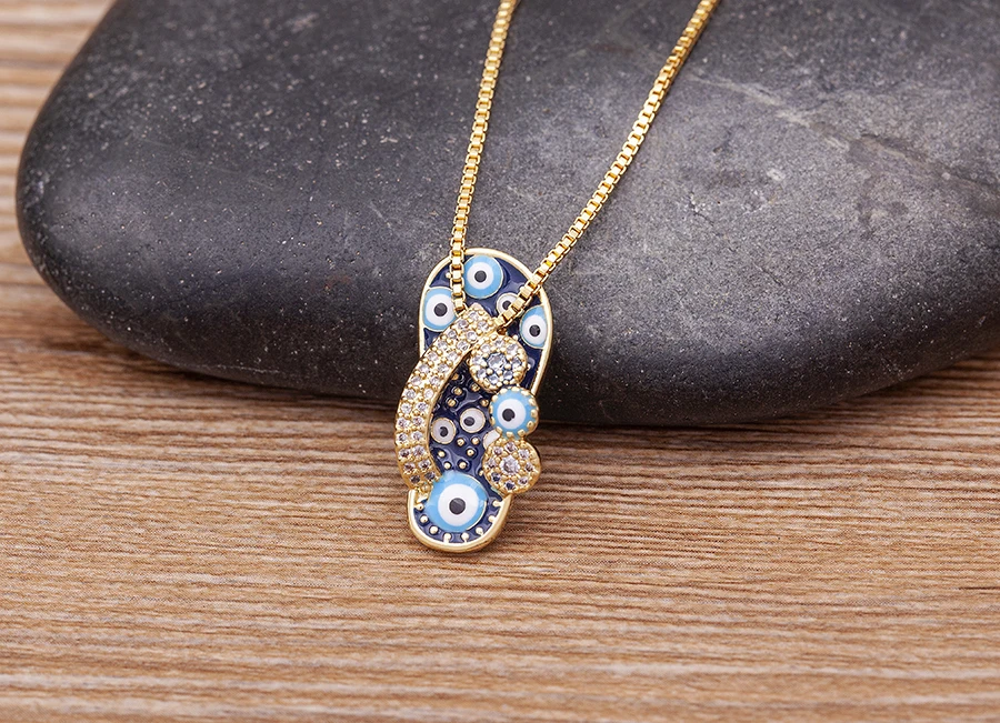Nidin Mirco Pave CZ Rhinestone Enamel Slipper Pendant For Women Blue Evil Eye Necklace Chain Gold Plated Party Summer Jewelry
