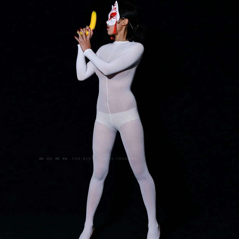 Oil Shiny Full Body 10D Thin Bodysuit Female Erotic Bodystocking Transparent Glossy Pantyhose Long-sleeve Dance Wear Jumpsuits