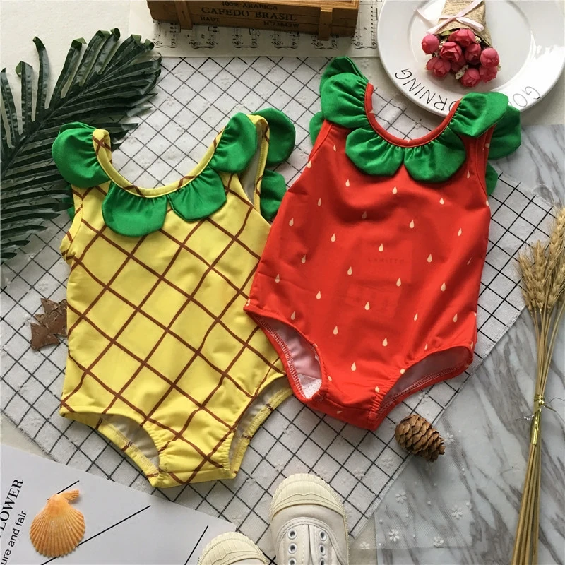 

Tonytaobaby New Baby Girl Strawberry Pineapple Petal Neck Swimwear Baby Girl Swimwear One Piece