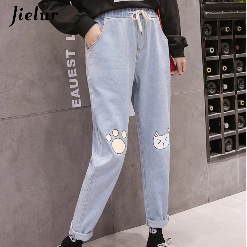 Jielur Chicly Autumn Winter Cat Printed Cute Trousers For Women Girls Korean Casual Pants Cartoon Blue Loose Mujer Pant S-5XL