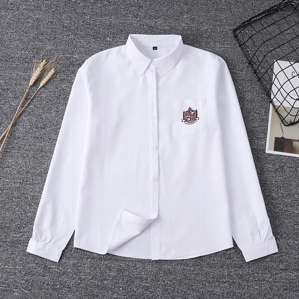 2020 White Cotton Japanese Embroidery Pattern Student School Jk Uniform Top Middle High School Uniforms Long Sleeve White Shirt