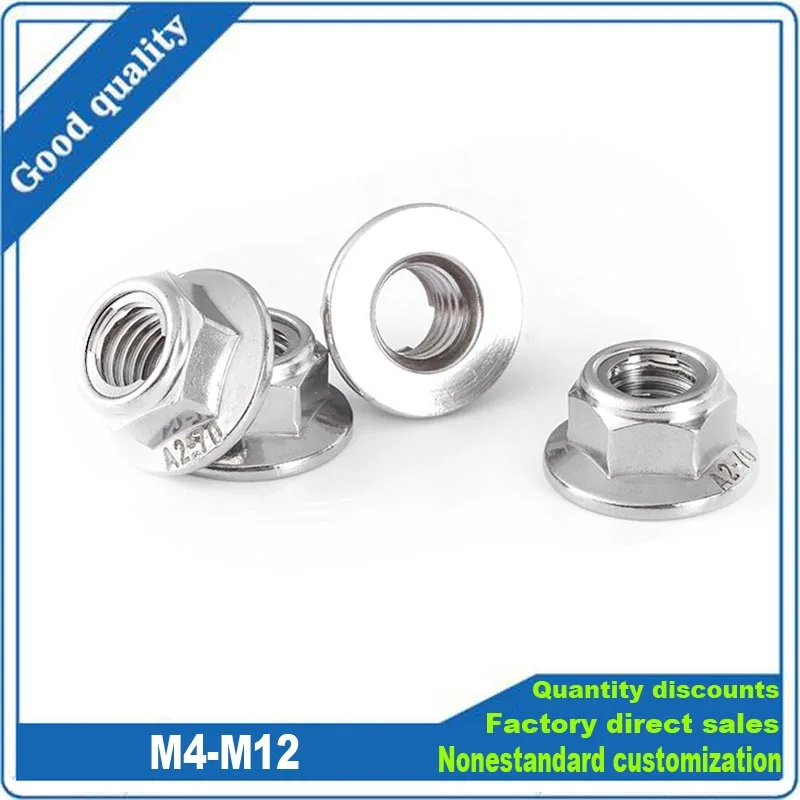

2pcs M4-M12 304 A2 Stainless Steel Prevailing Torque Type All Metal Insert Hexagon Lock Nut With Flange Hex Self Locking GB6187