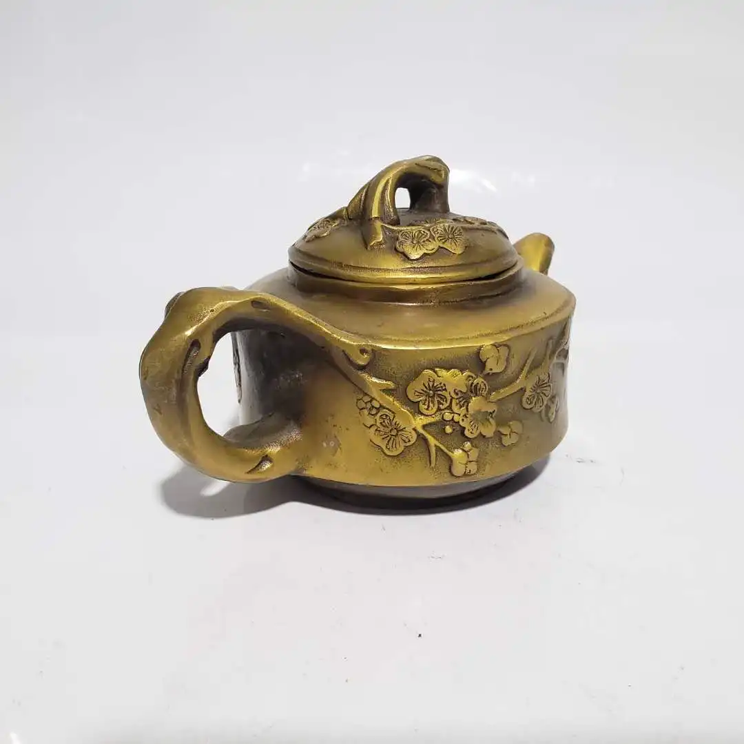 Chinese pure brass plum blossom teapot statues home decor sculpture