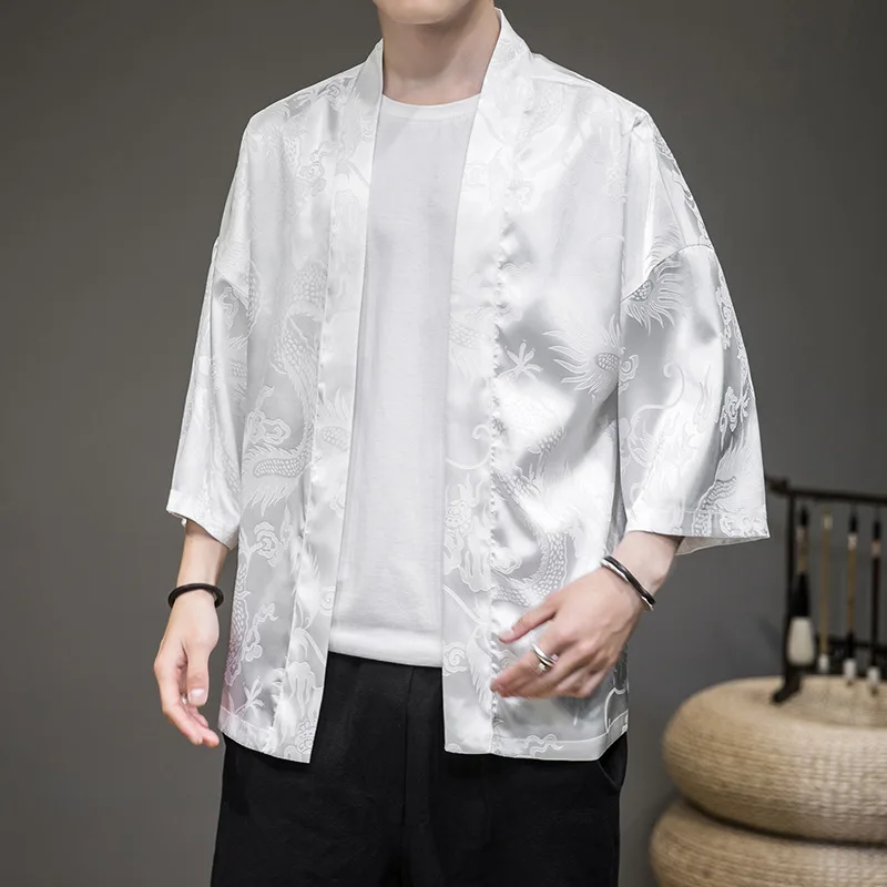 #4227 Black White Kimono Jacket Men Thin Summer Jacket Vintage Chinese Style Dragon Printed Men Kimono Coat Cardigan Outerwear