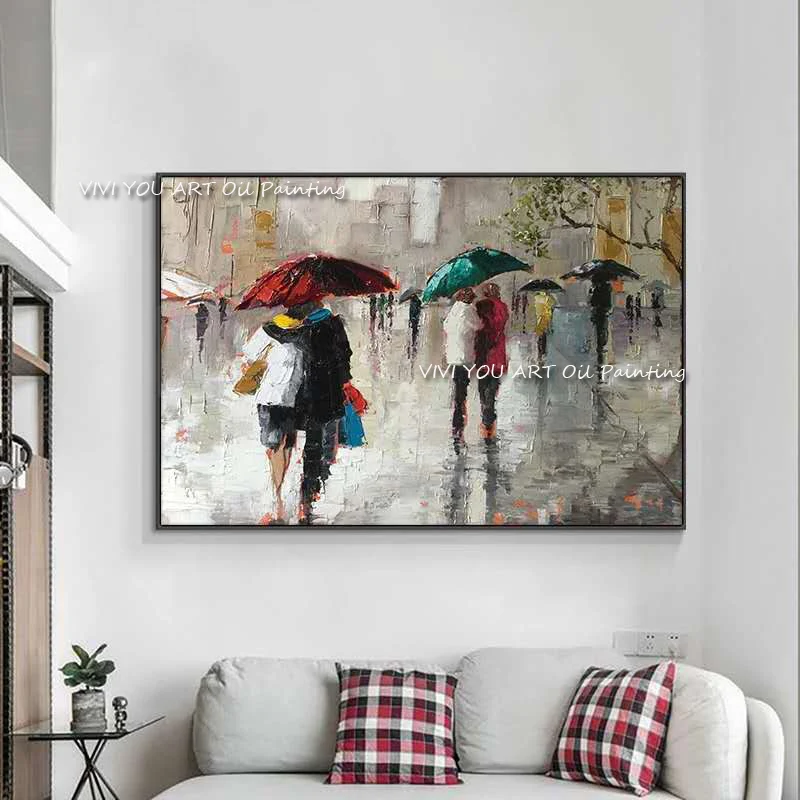 

100% Handmade Wall Painting Beautiful Wall Art Palette Knife Abstract Street Landscape Oil Painting Rainy Umbrella