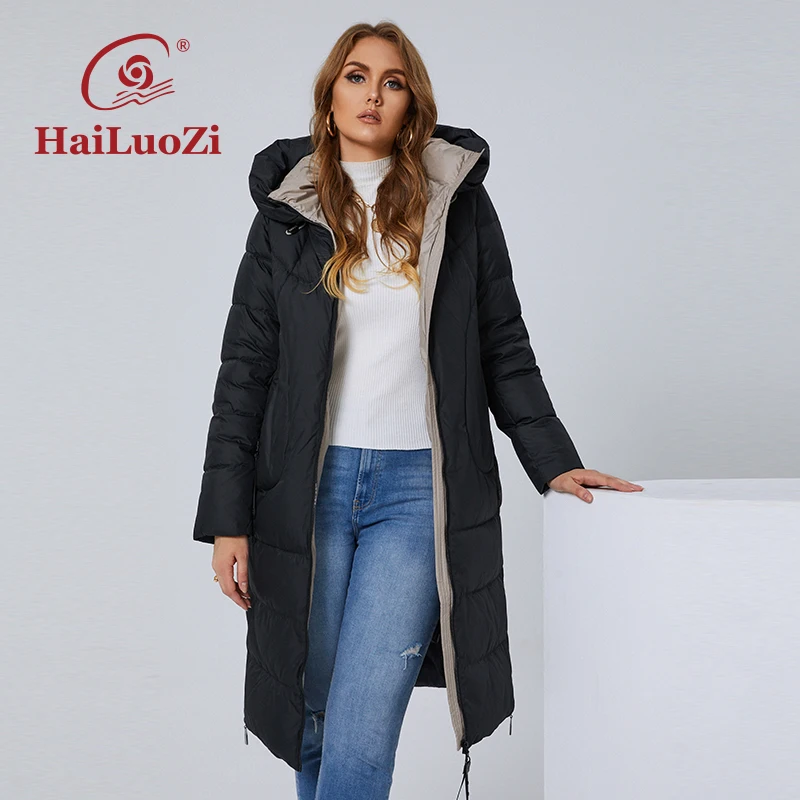 Imagem -02 - Hailuozi-jaqueta Longa de Gola Alta para Mulheres Cabolsa Feminino na Moda Capuz Elegante Parka Zíper Lateral Grosso L5xl 6079 Novo 2023