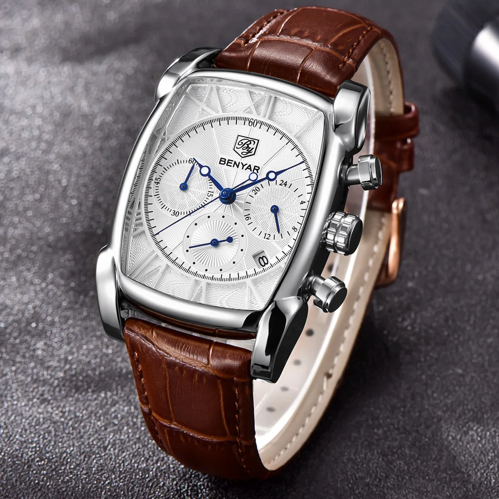 BENYAR-Montre à quartz étanche pour homme, marque de luxe, bracelet en cuir militaire, montre carrée décontractée